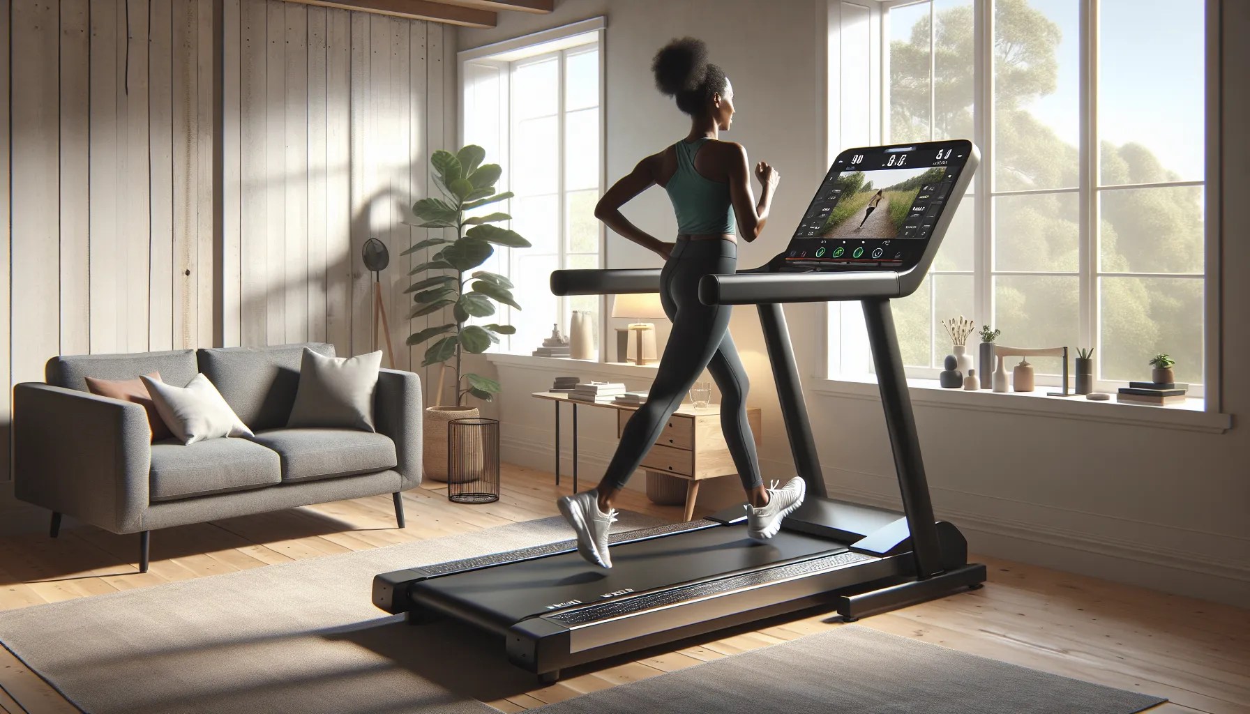 Woman jogging on compact treadmill with touchscreen in a sunlit living room.