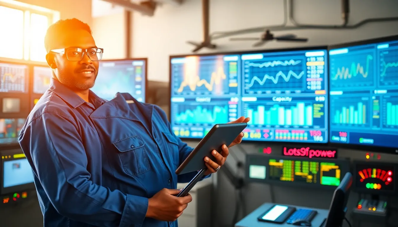 An engineer in a control room monitors energy output and capacity.
