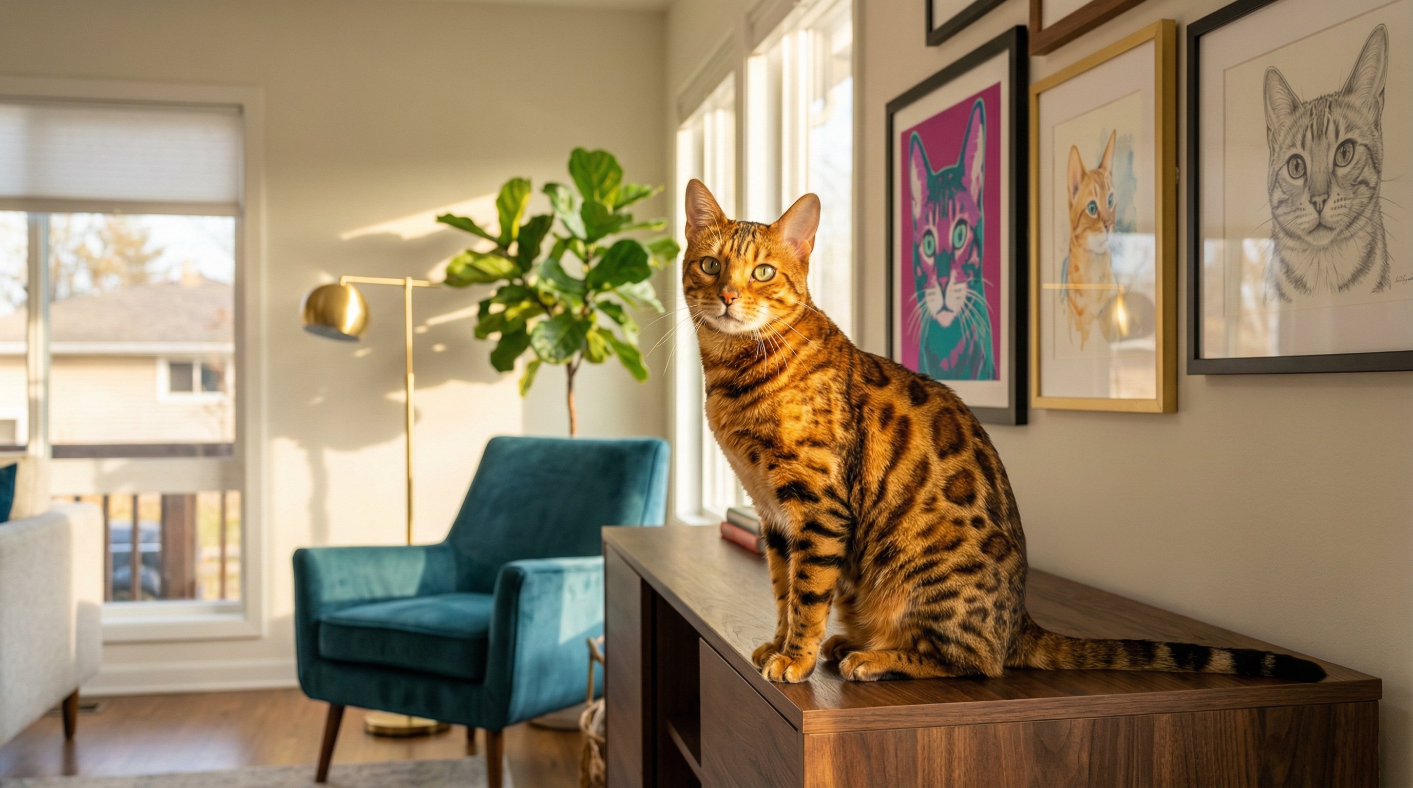 Bengal cat sitting in a stylish living room with framed cat portraits on the wall.