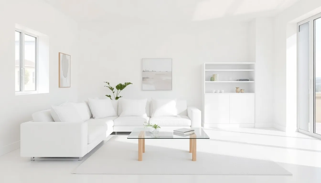 a spacious minimalist white living room with natural light.