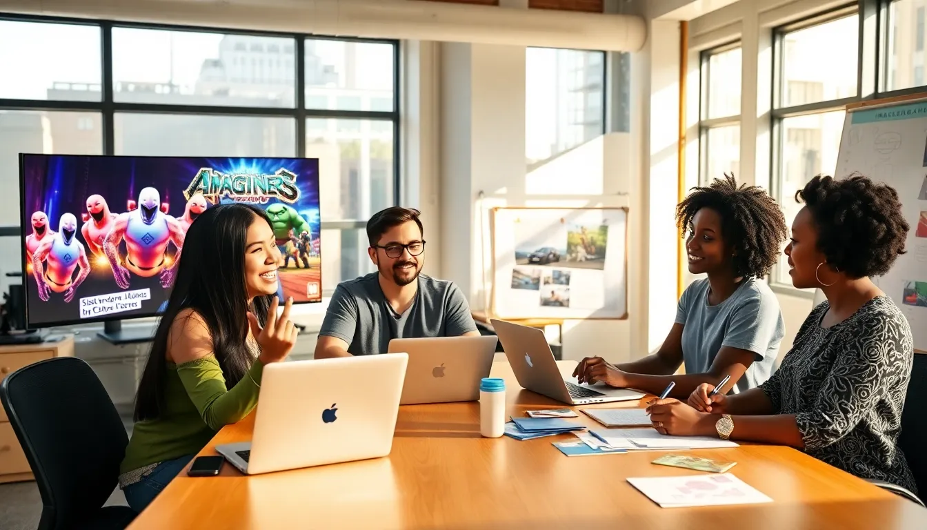 diverse game developers collaborating in a bright office for ImagineerGames.