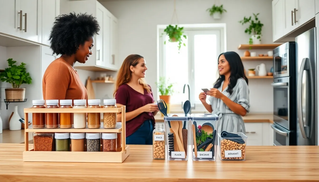 Diverse women organizing a well-lit and tidy kitchen.