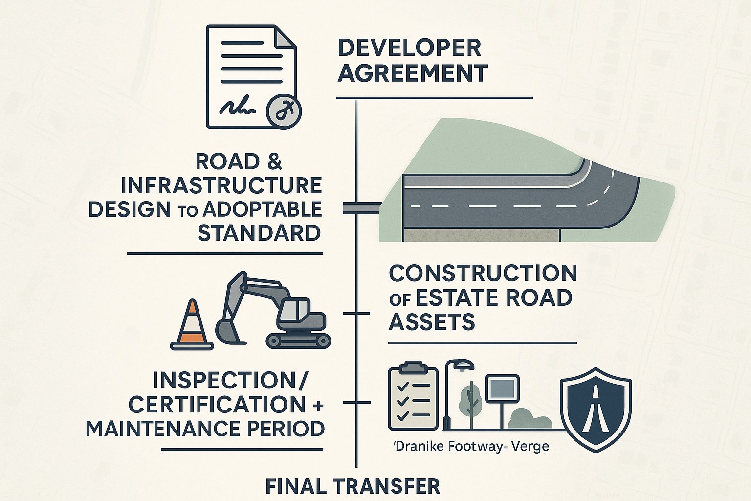 Infographic showing the Section 38 road adoption process in the UK.