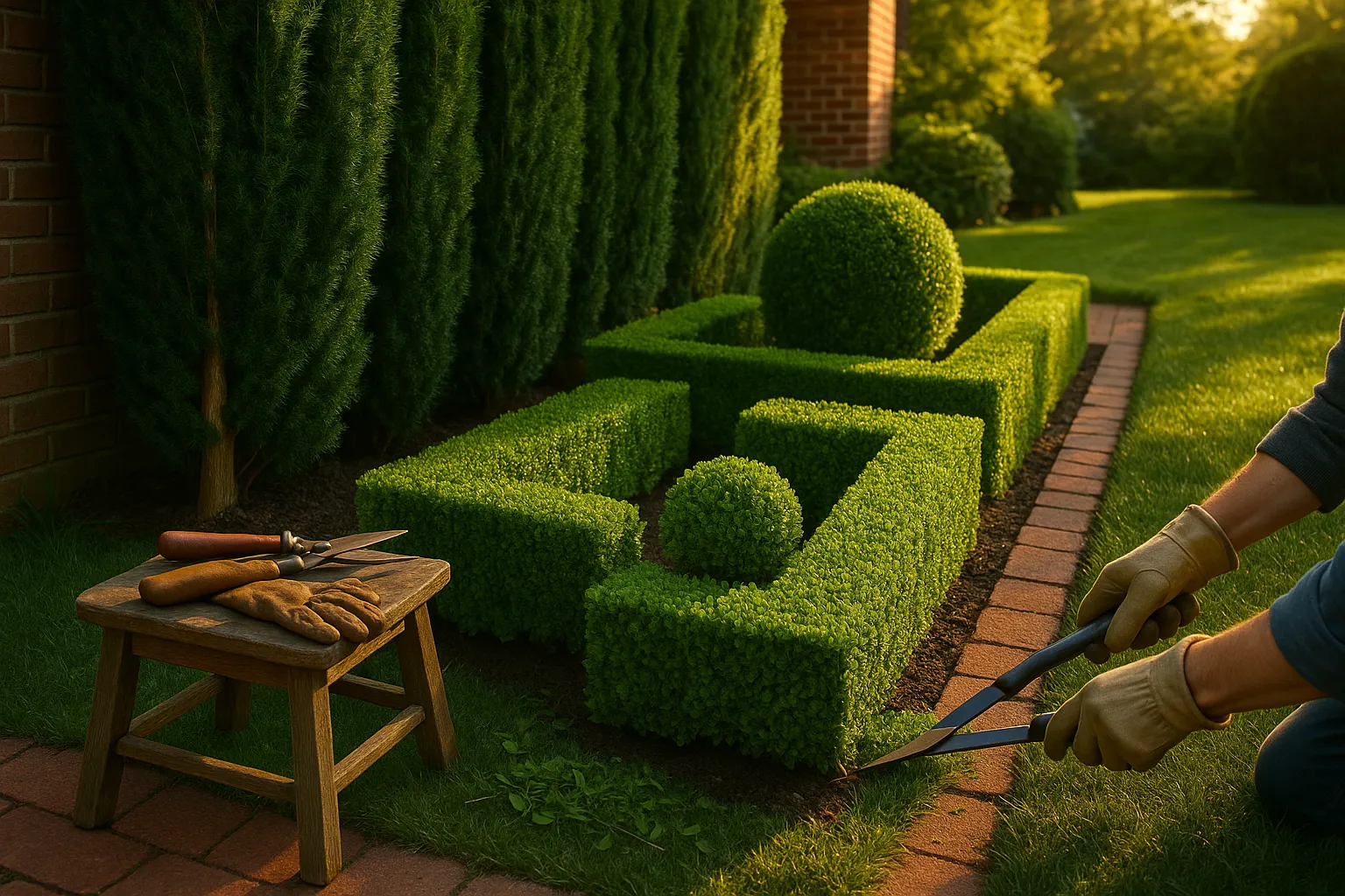 Tall clipped yew screen beside low formal boxwood parterres with pruning tools.