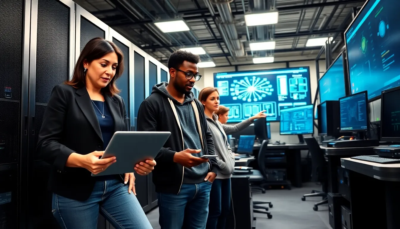 IT professionals collaborating in a modern data center focused on web development.