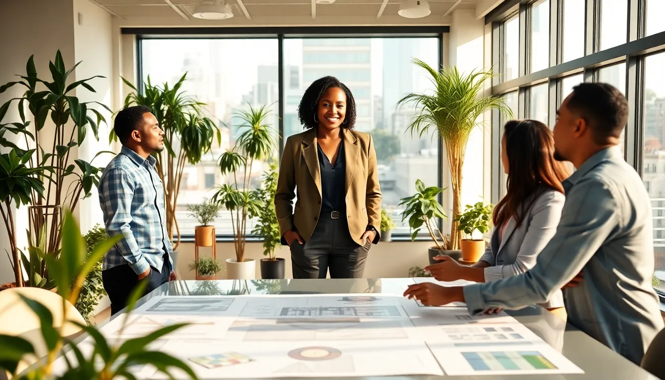 Naomi Bennett discussing renewable energy solutions with her team in a modern office.