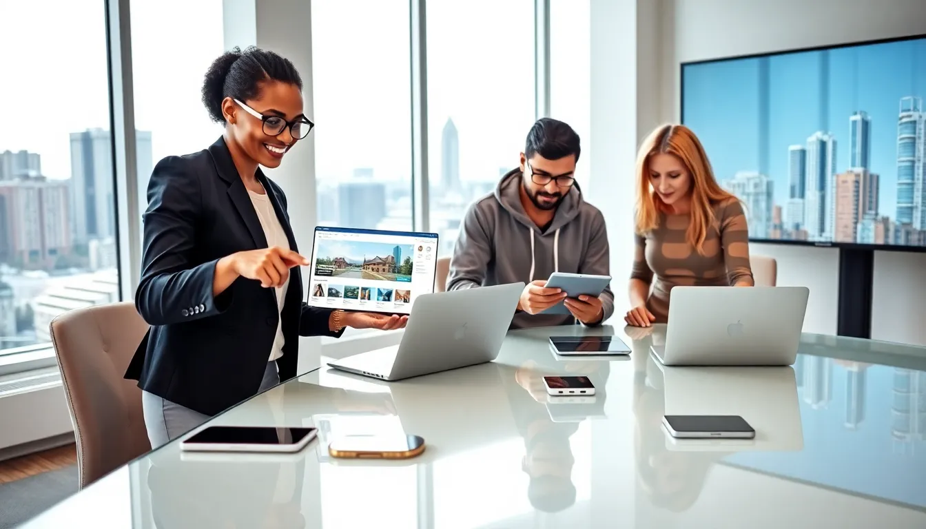a diverse team collaborating in a modern office focused on real estate technology