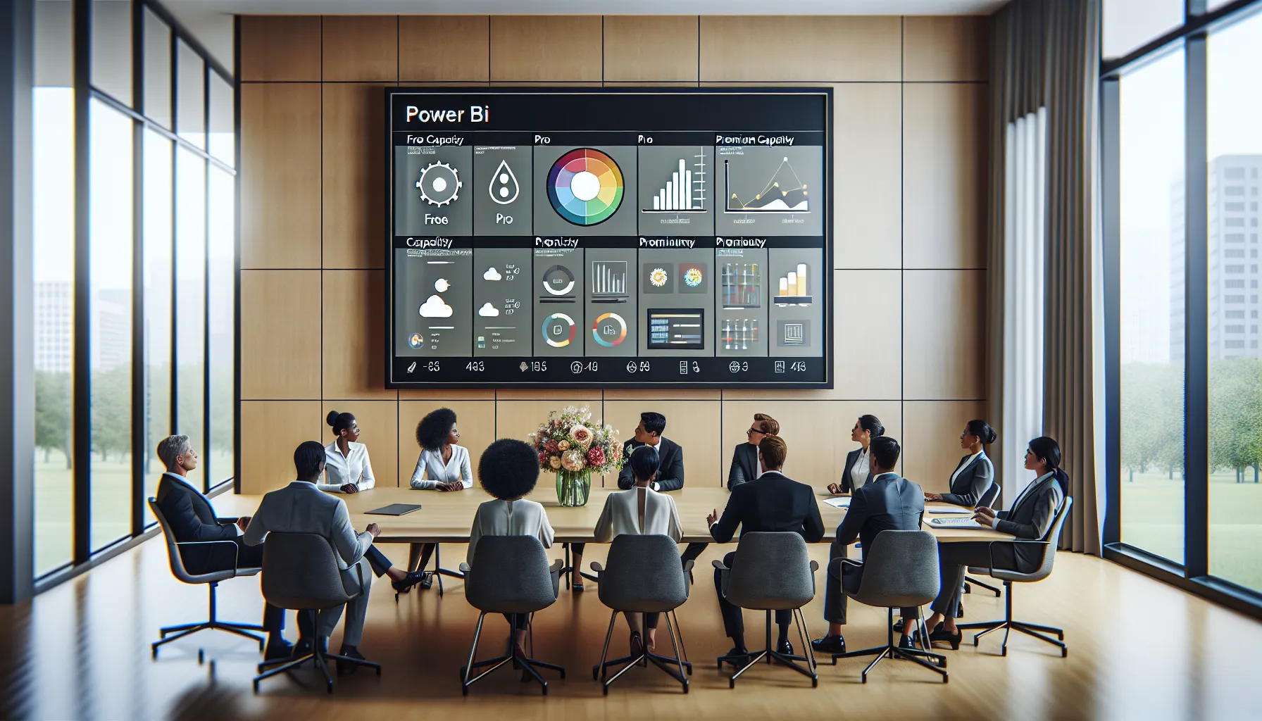 Diverse professionals plan Power BI sharing for free and licensed users in a modern office.