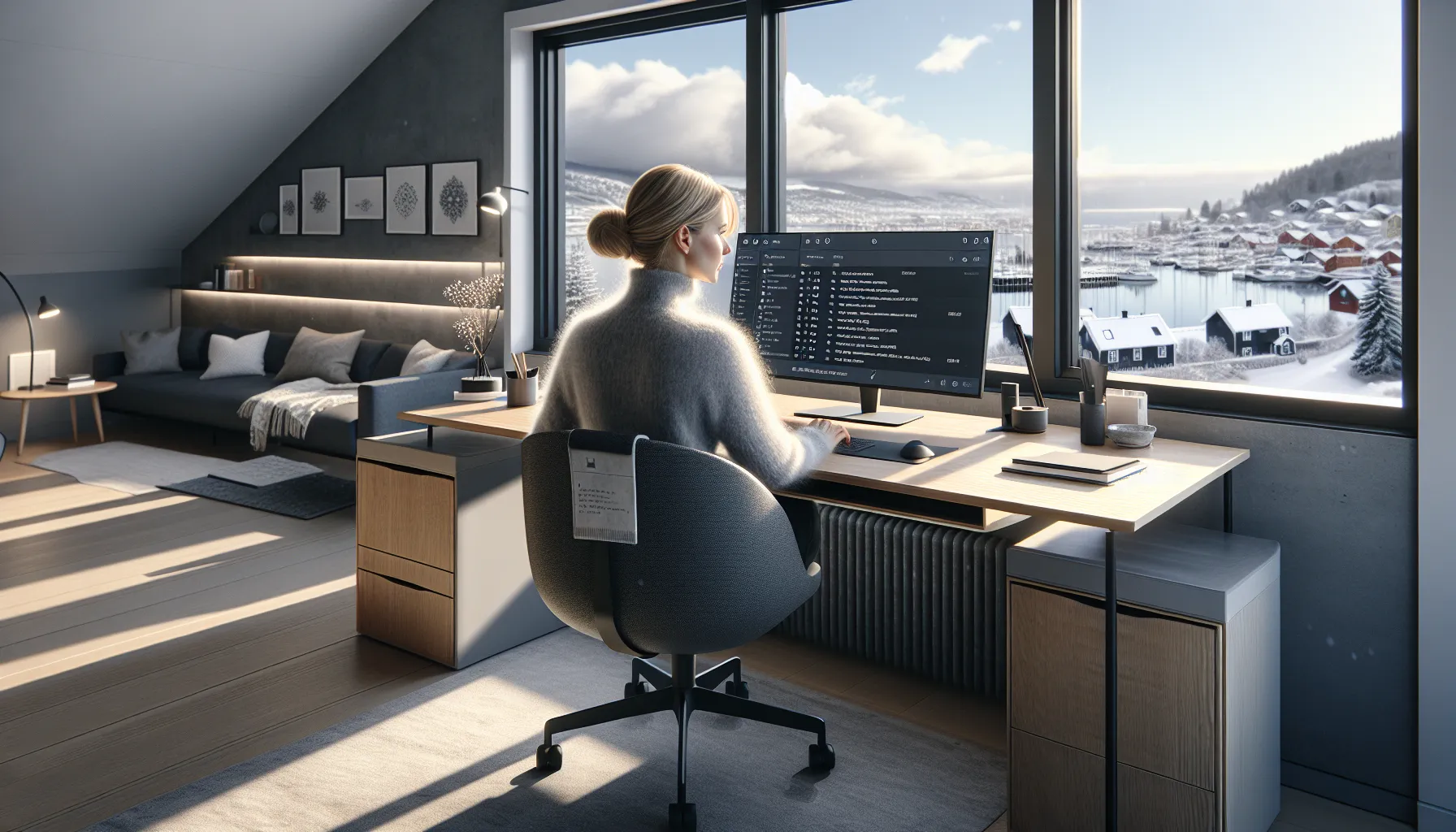 Norwegian professional uses ai, automation, and cloud tools in a bright home office.