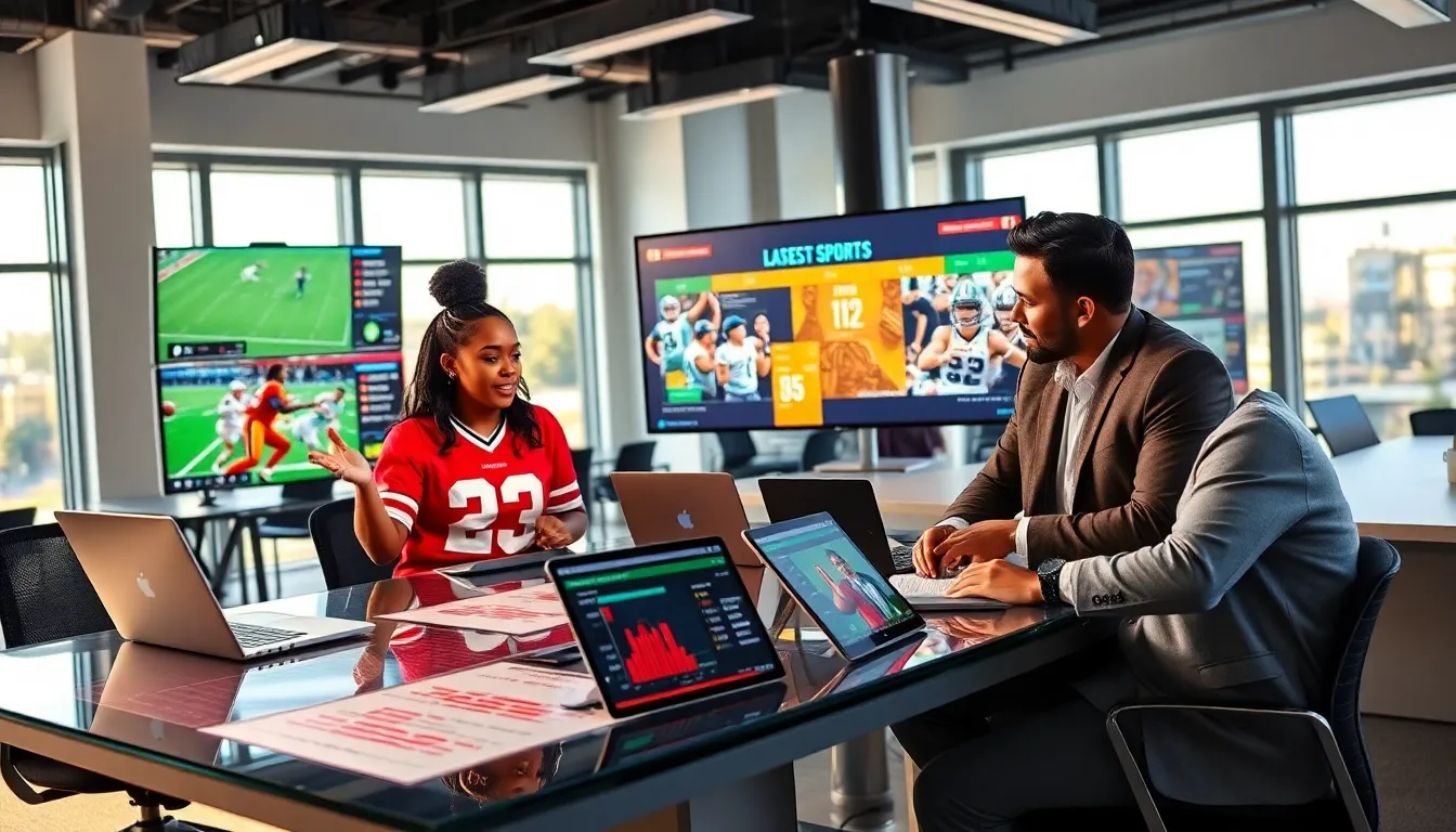 sports journalists discussing highlights in a modern office setting.