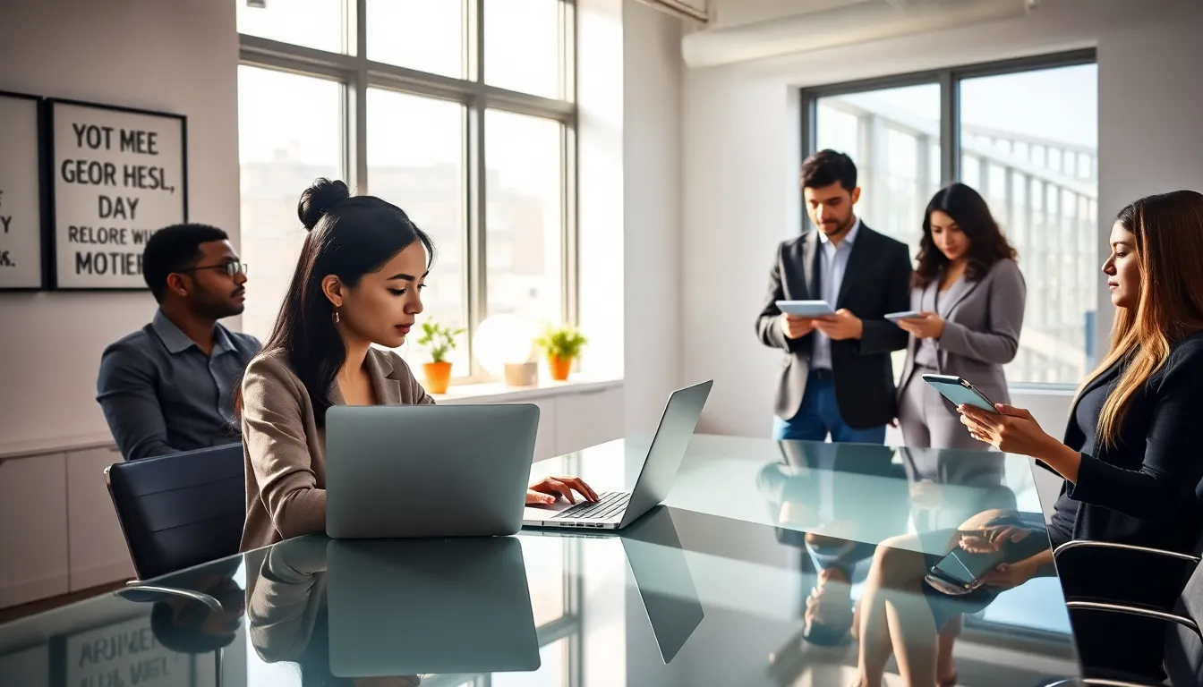 diverse team collaborating on digital content in a modern office.