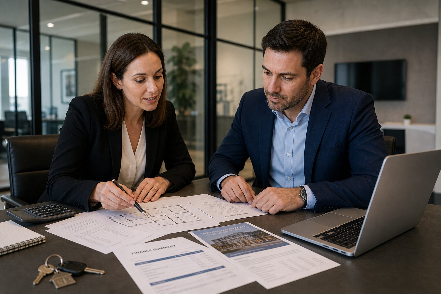 Commercial Mortgage Brokers Blackpool for Purchase and Refinance 7 Two professionals discussing commercial property purchase or refinancing documents in a modern office.