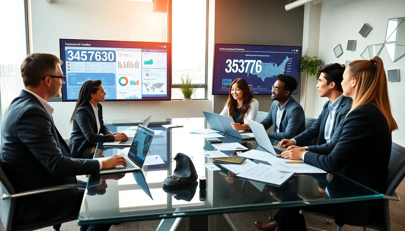 diverse team discussing the significance of a number in a modern office.