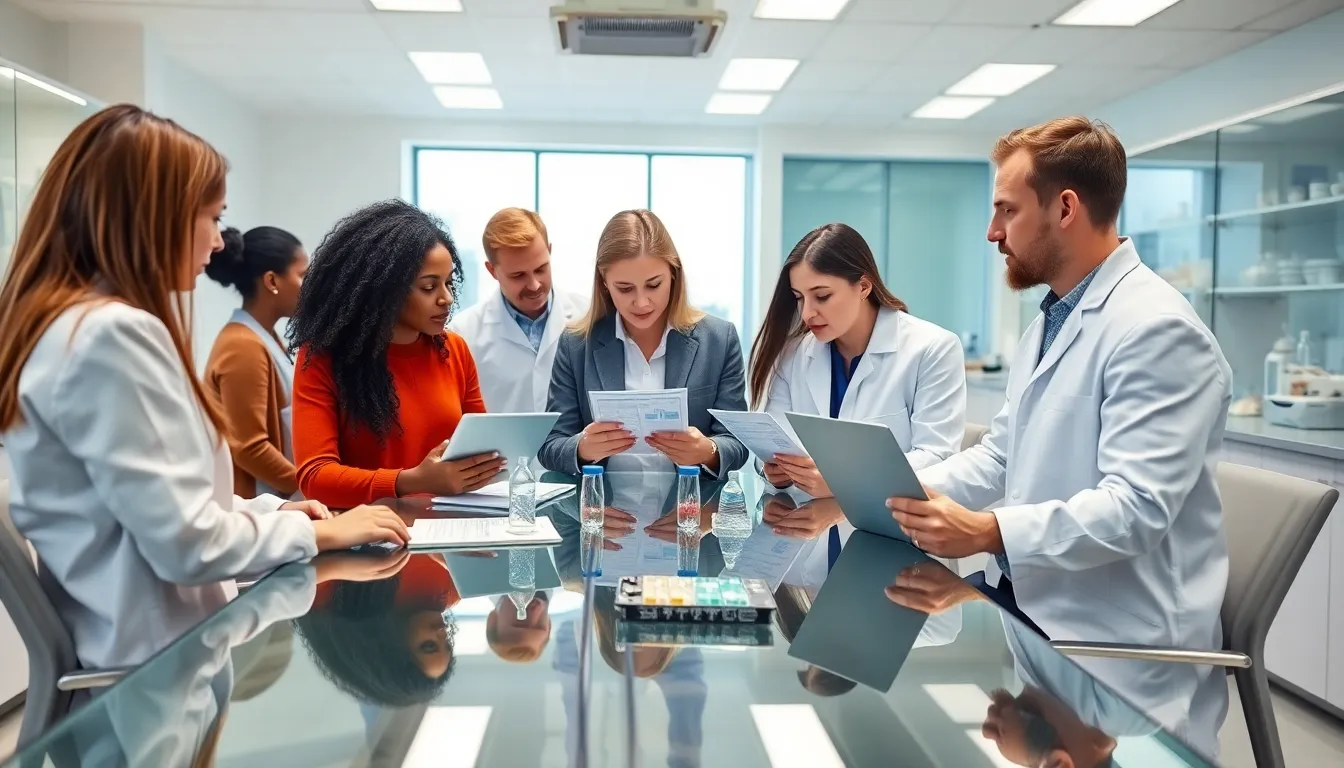 diverse team discussing biotechnological research in a modern lab.