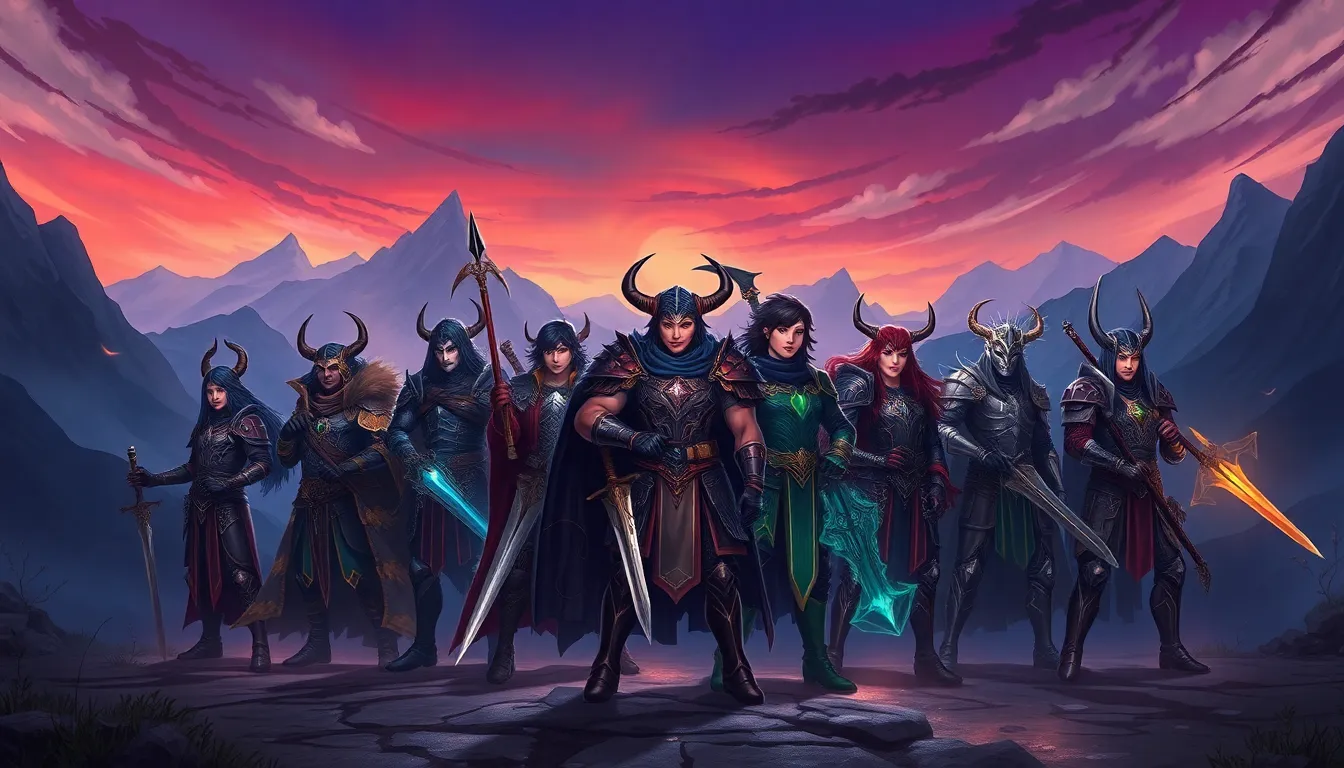 diverse daemonhunters in a mystical landscape ready for battle.