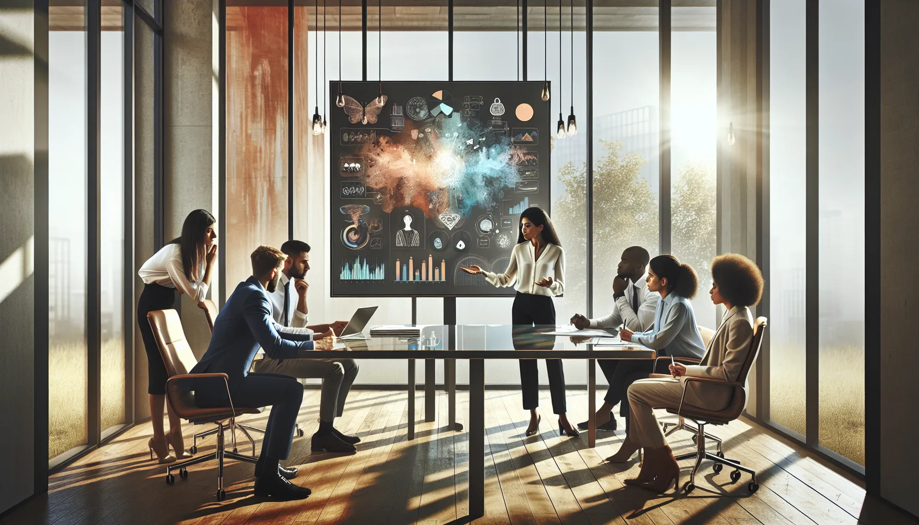 diverse professionals discussing Ylhtprf in a modern office.