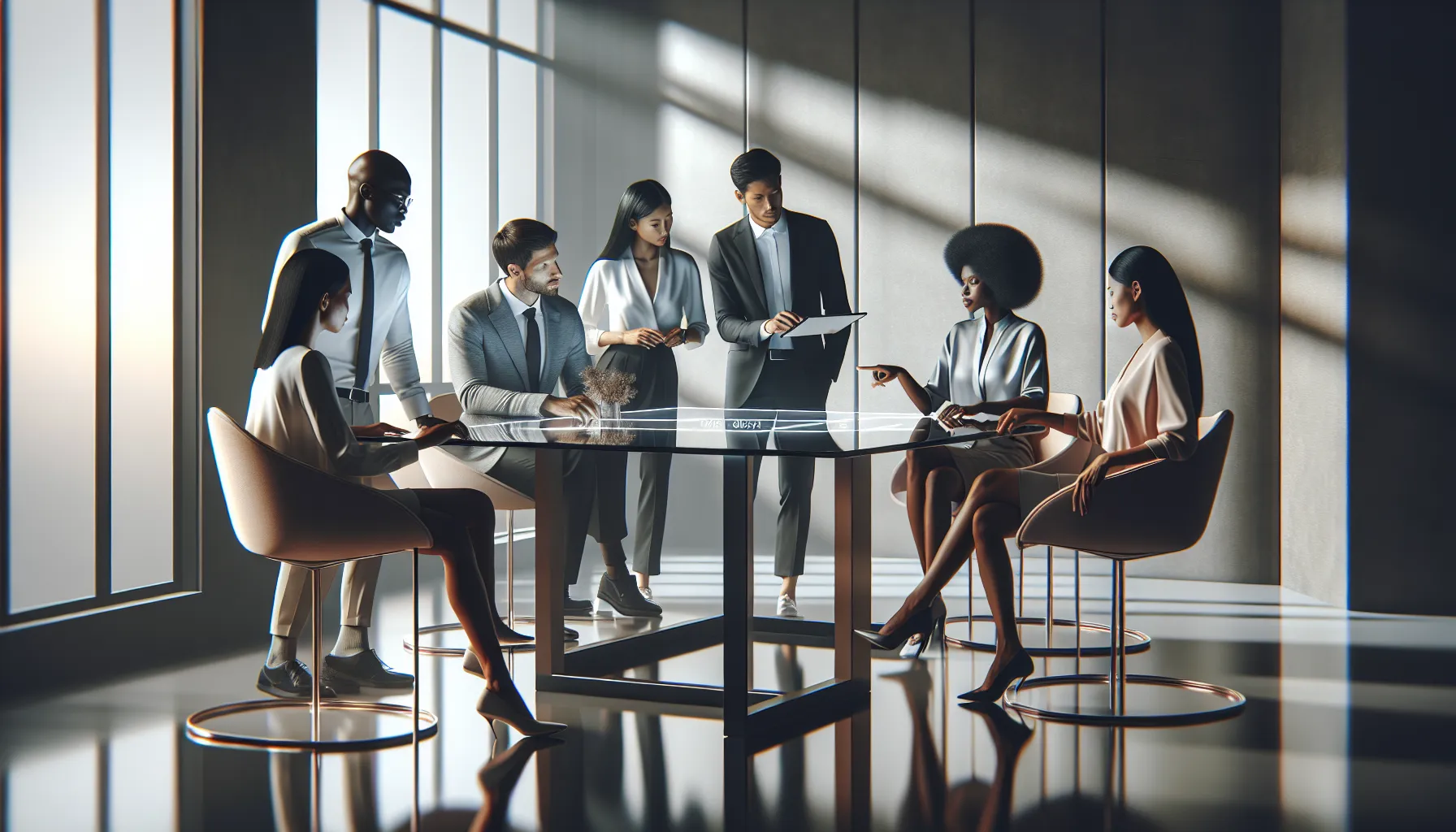 professionals discussing the significance of a number in a modern office.