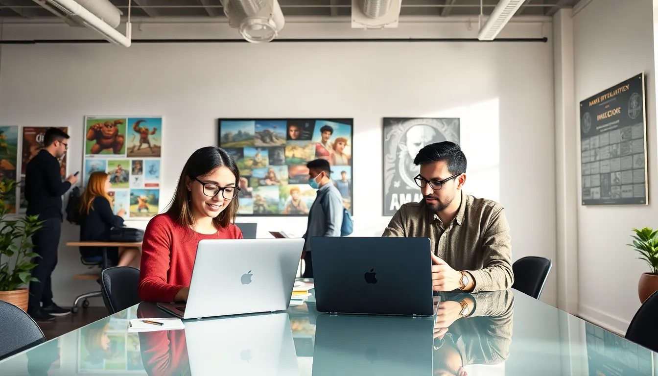diverse professionals collaborating in a modern game development office.
