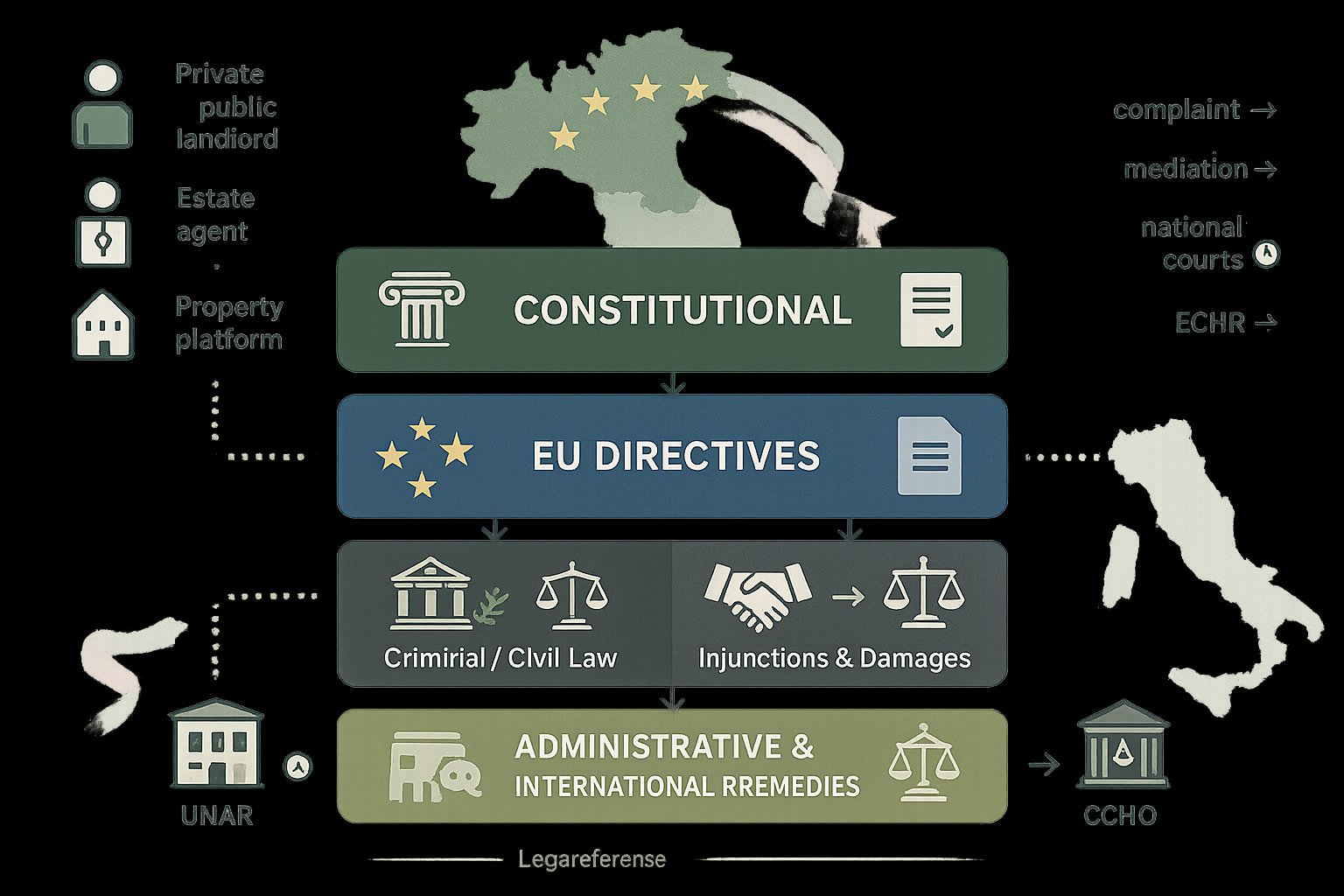Infografica stratificata dei rimedi legali Italia/UE per la discriminazione abitativa.