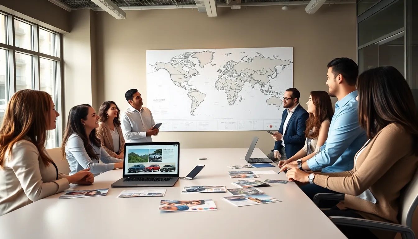 diverse team discussing car rental options for a Costa Rica trip