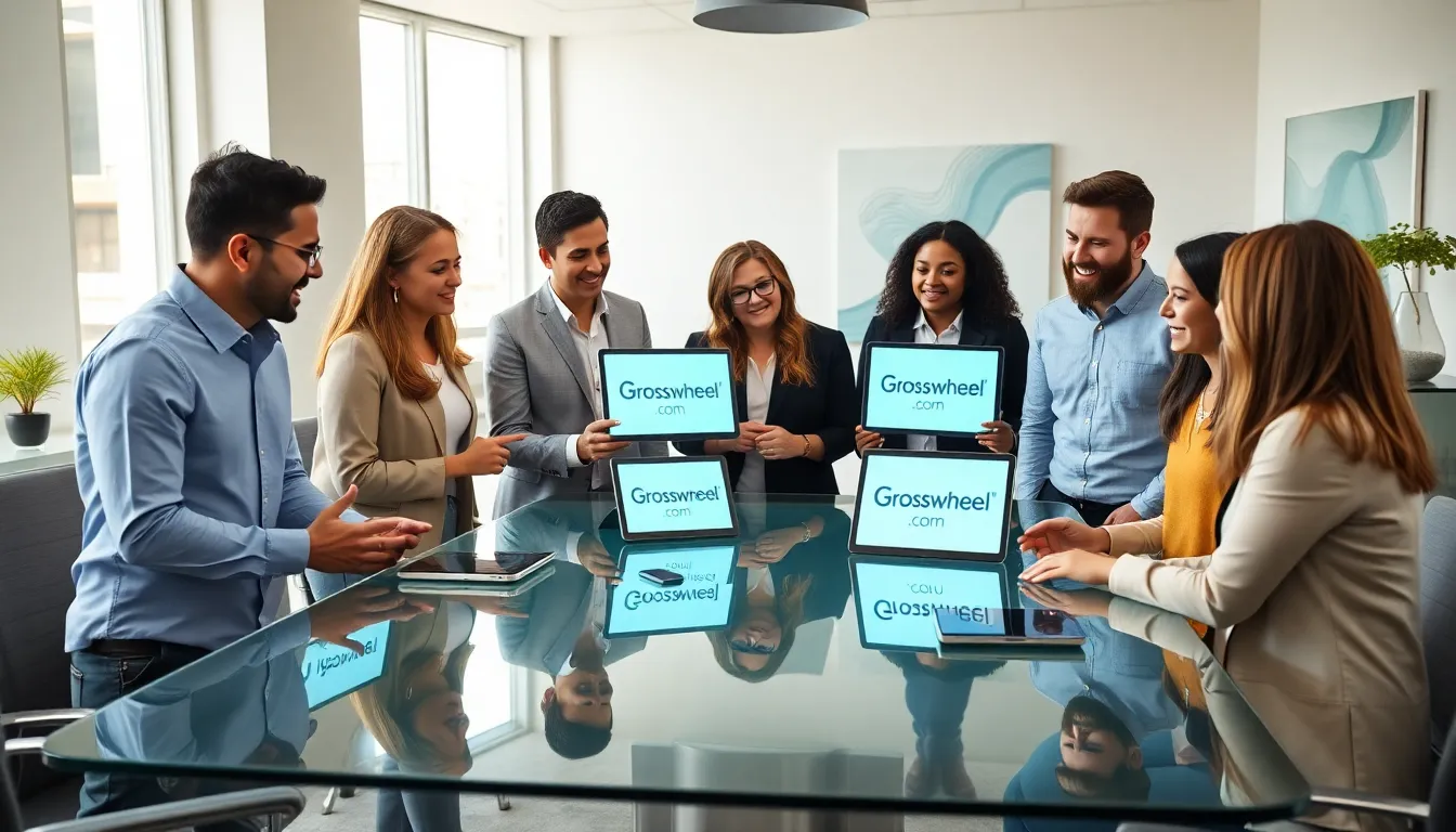 diverse team discussing Grosswheel.com in a modern office.