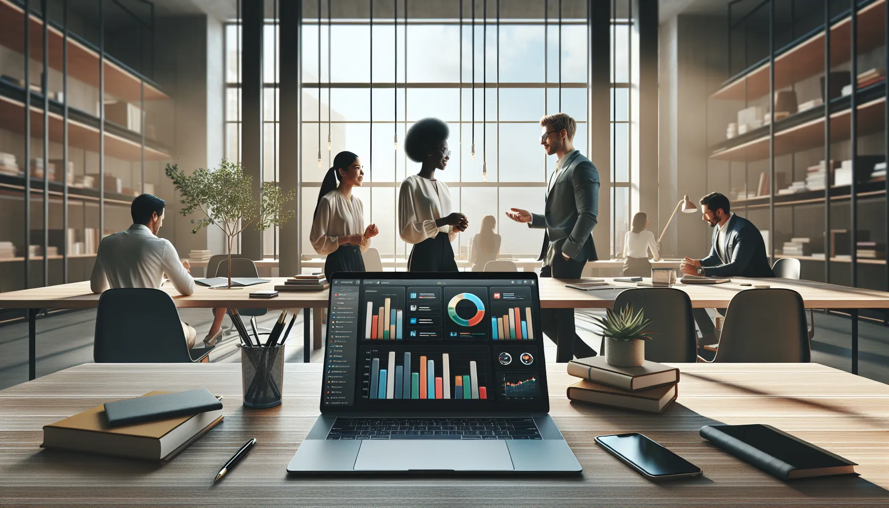 diverse professionals using a laptop showcasing the Annkingtal study tool.