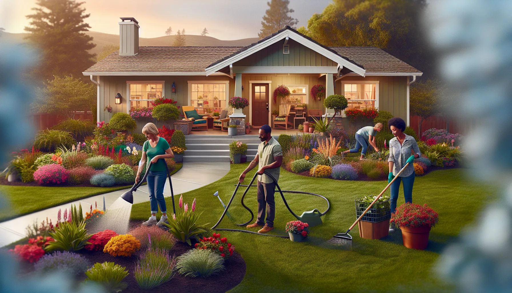 diverse homeowners maintaining a beautifully landscaped front yard.