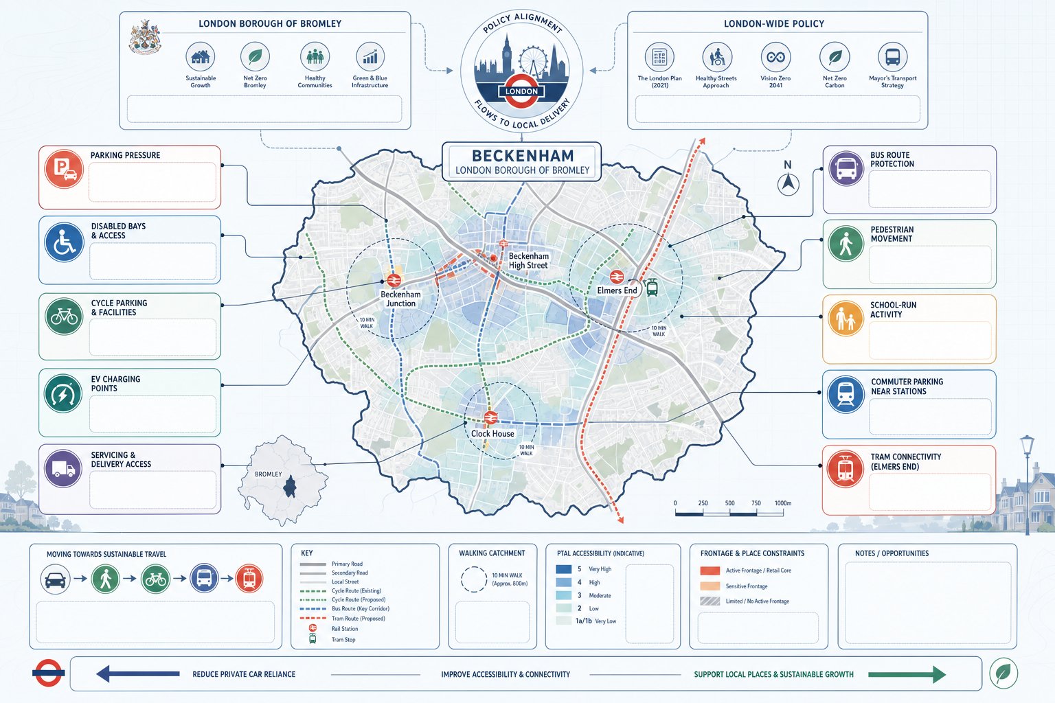 Beckenham transport planning infographic showing local roads, parking, transit, and policy factors.