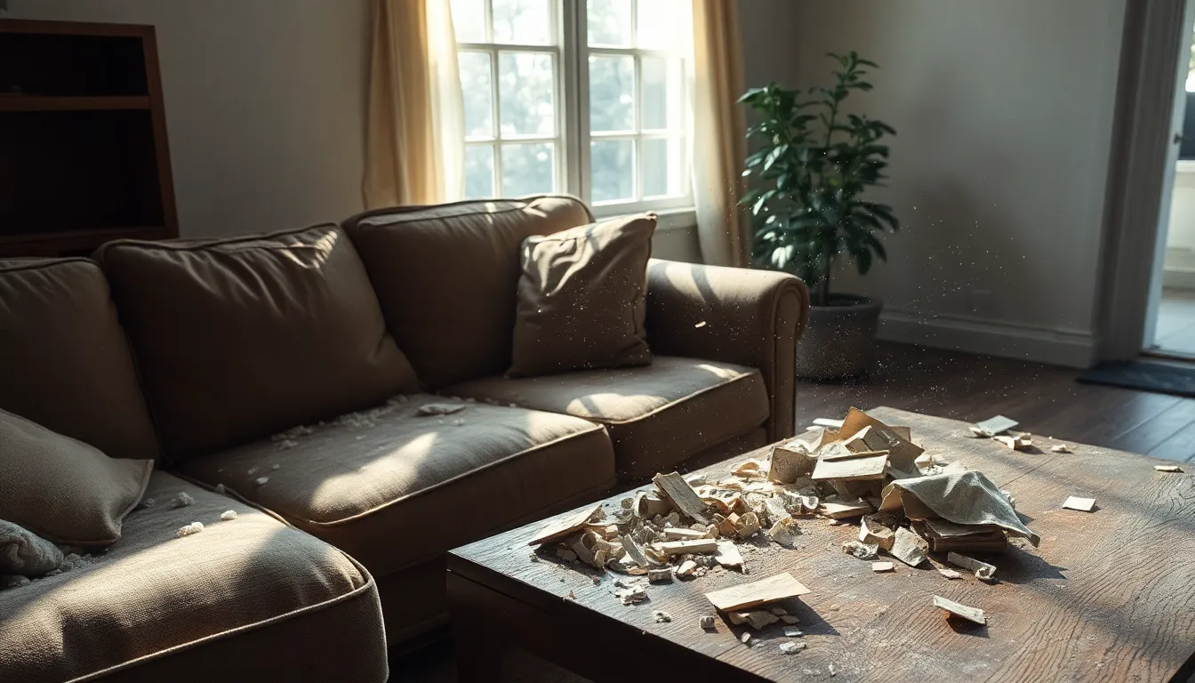 A cluttered living room showing dust and debris, highlighting maintenance issues.