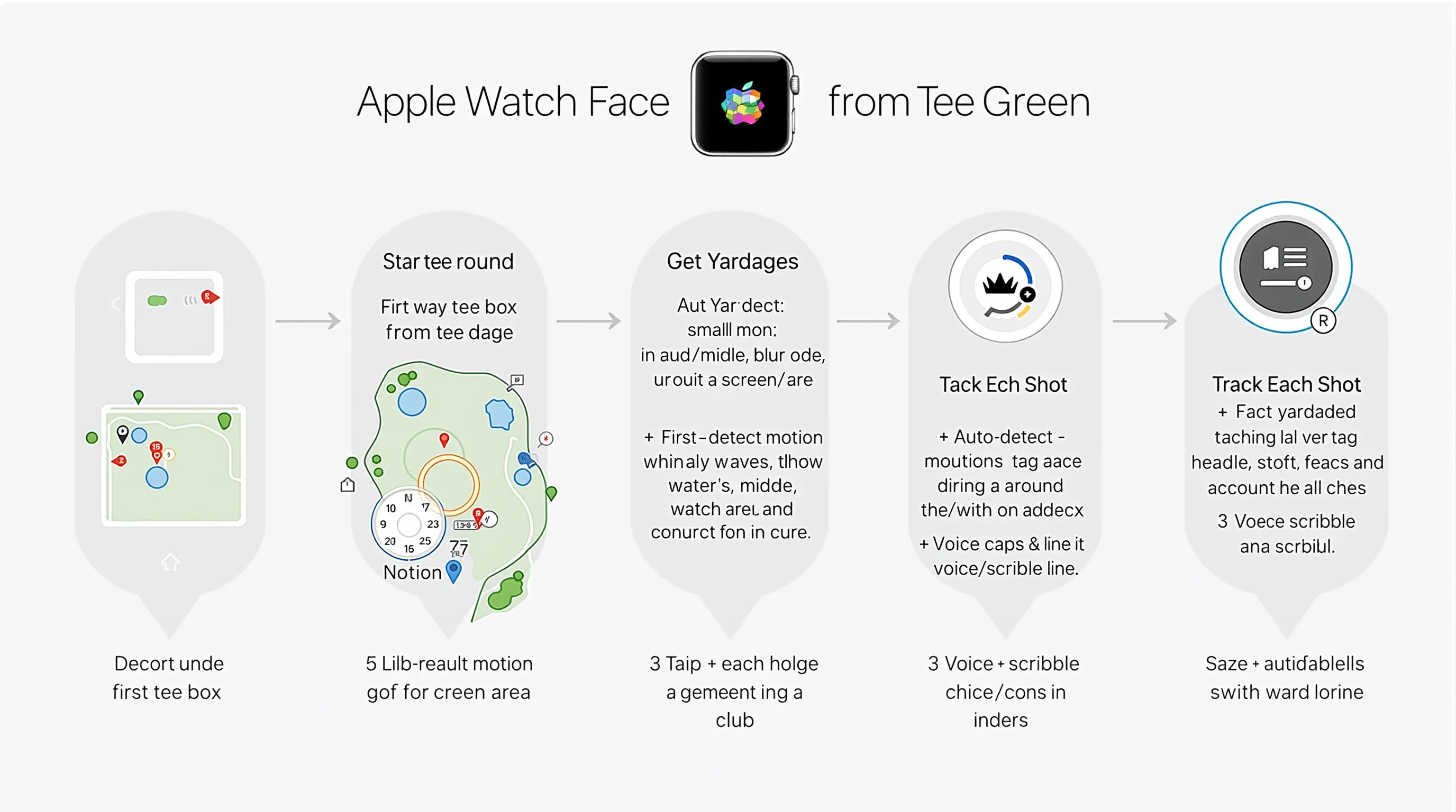 Vertical Apple Watch golf workflow from tee to green with steps and metrics.