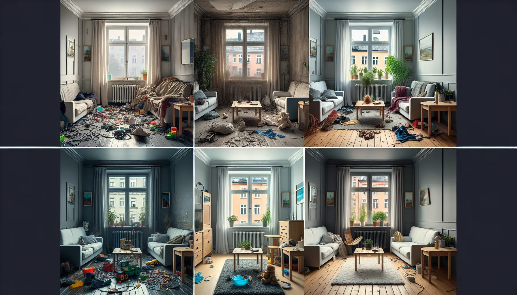 Norwegian living room split into cluttered, dim “before” and clean, warmly lit “after. ”