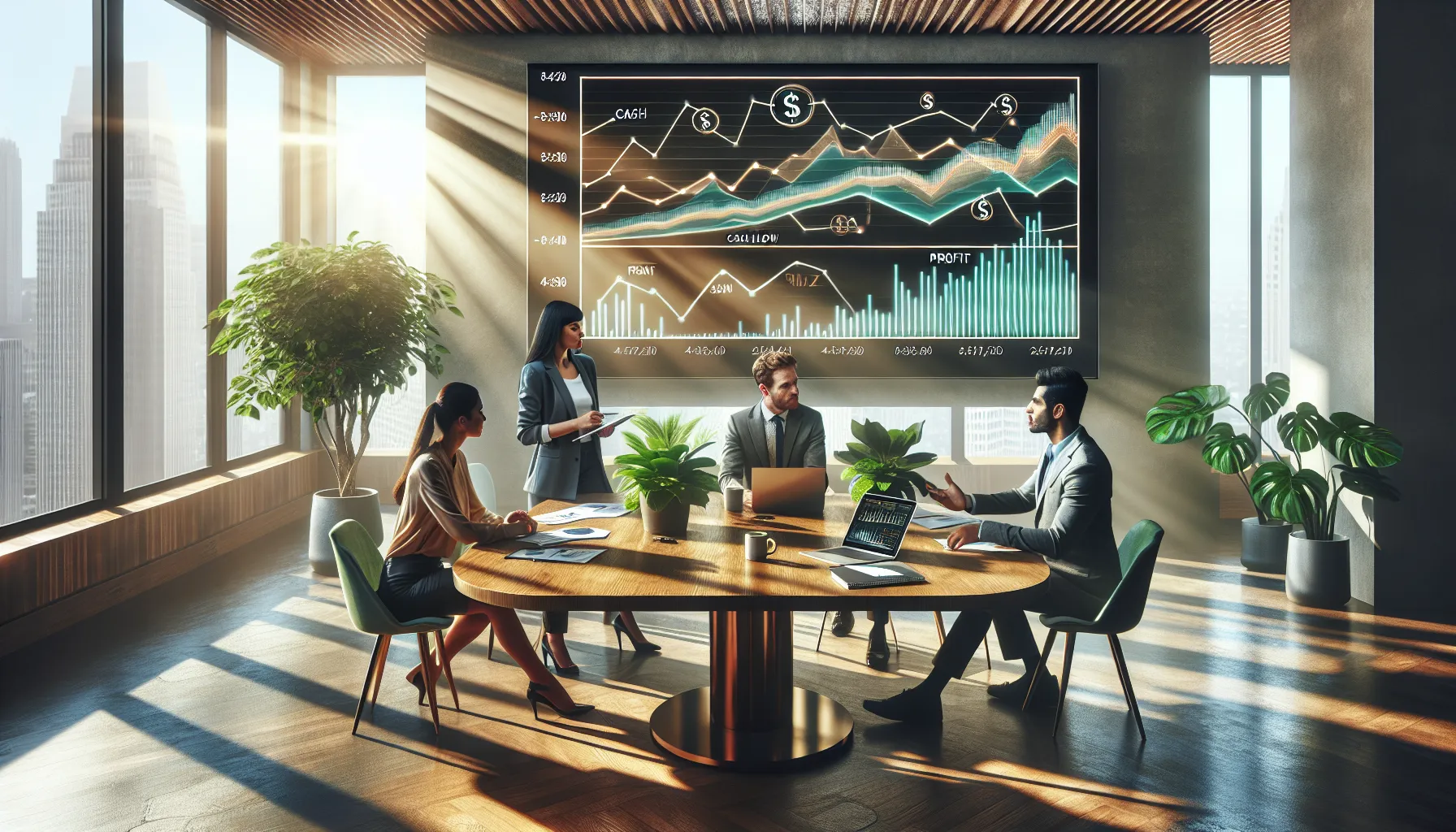 People analyzing financial data on a screen in a modern meeting room.
