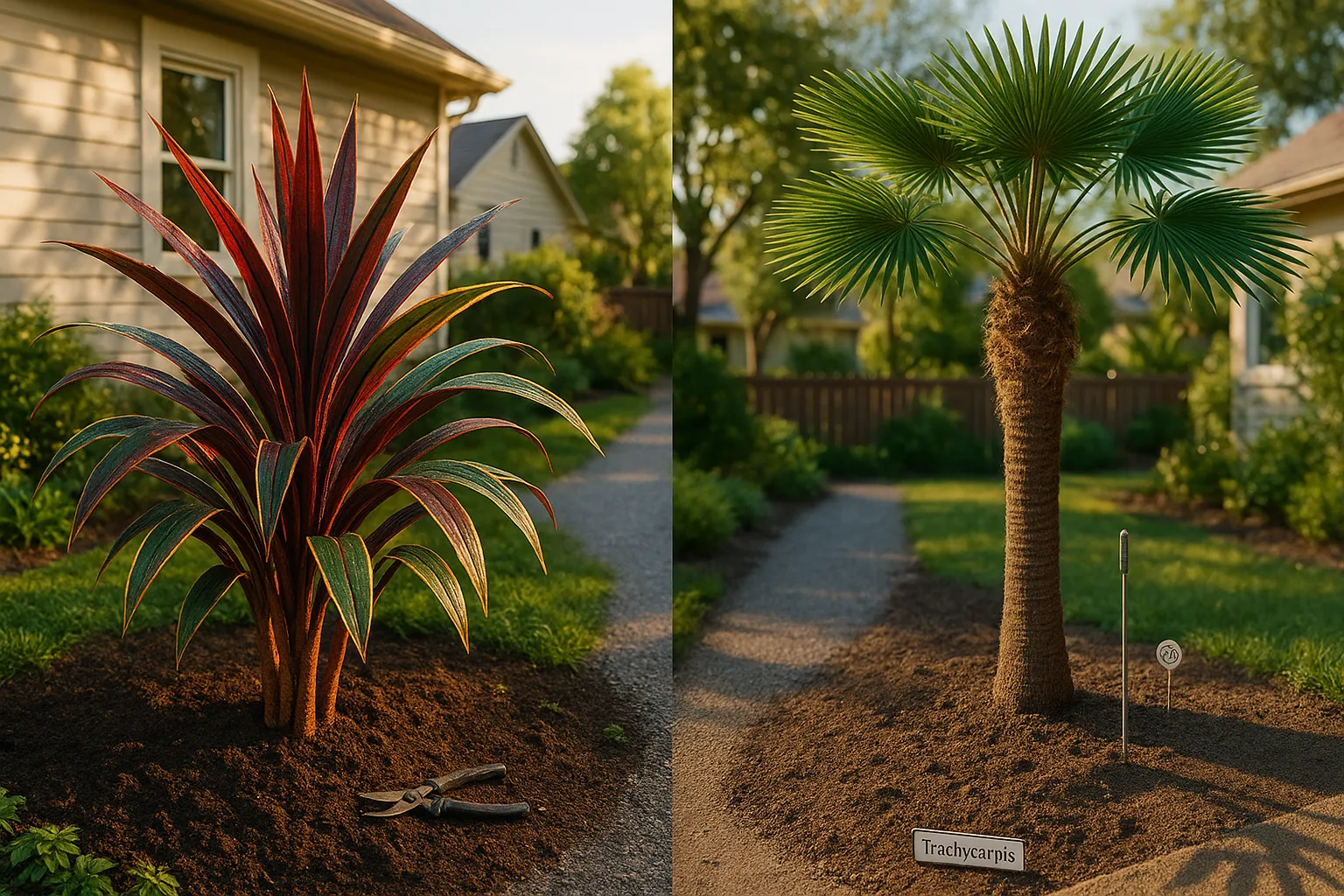 Cordyline with colorful sword leaves beside a single‑trunk Trachycarpus palm.