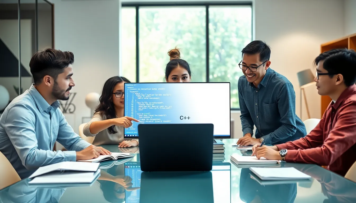 three professionals collaborating over basic C++ code in a modern office.