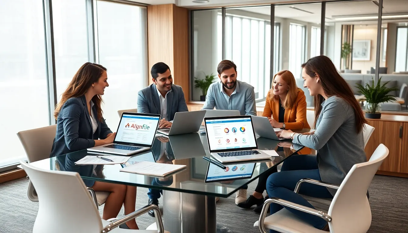 diverse professionals collaborating in a modern office with file management software.
