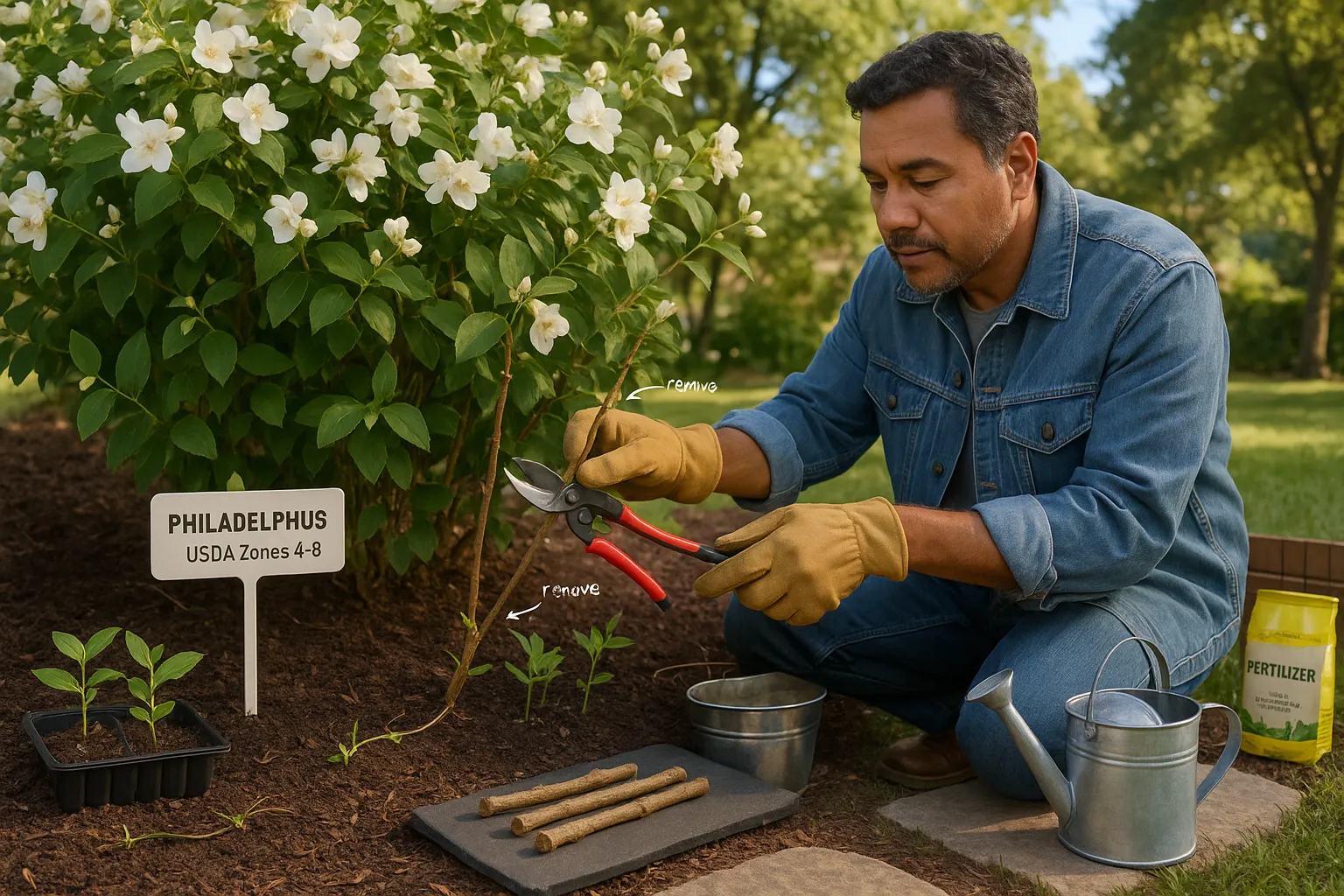 Gardener pruning a flowering Philadelphus (mock orange) shrub with mulch and propagation tools.