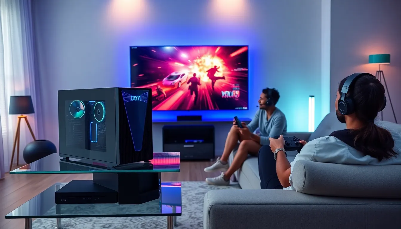 diverse gamers enjoying a modern PC gaming console in a cozy living room.