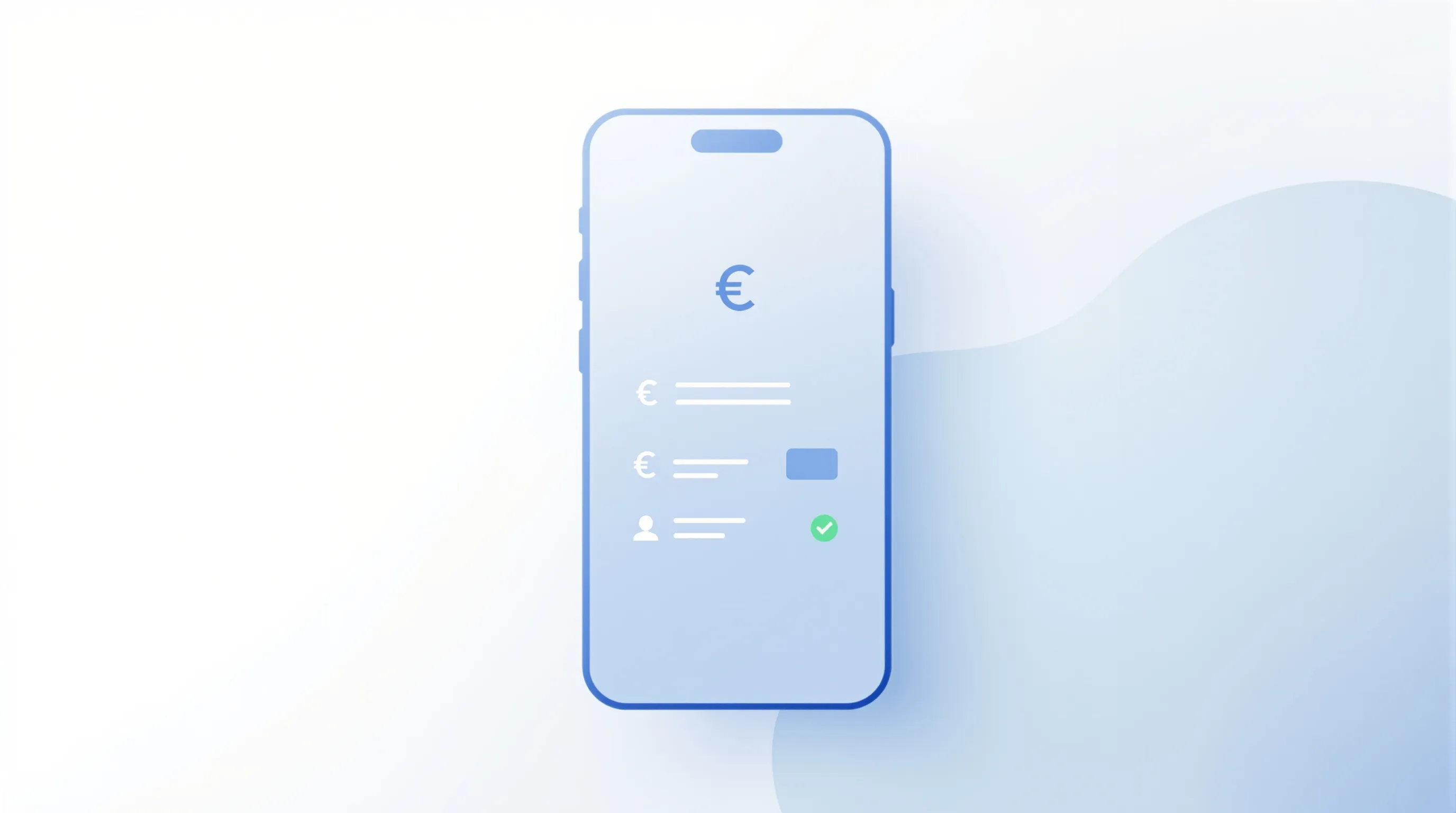 Mobile phone showing minimal financial app interface with euro symbol and transaction icons.