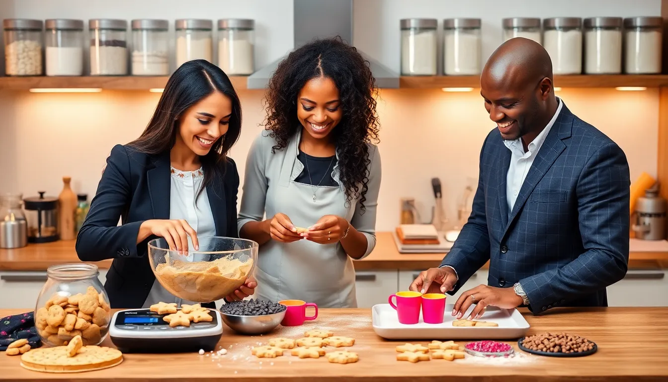 three professionals baking cookies together in a warm kitchen setting.