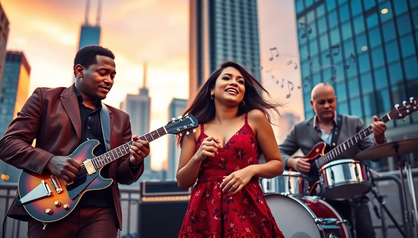 musicians performing blues in a Chicago urban setting.