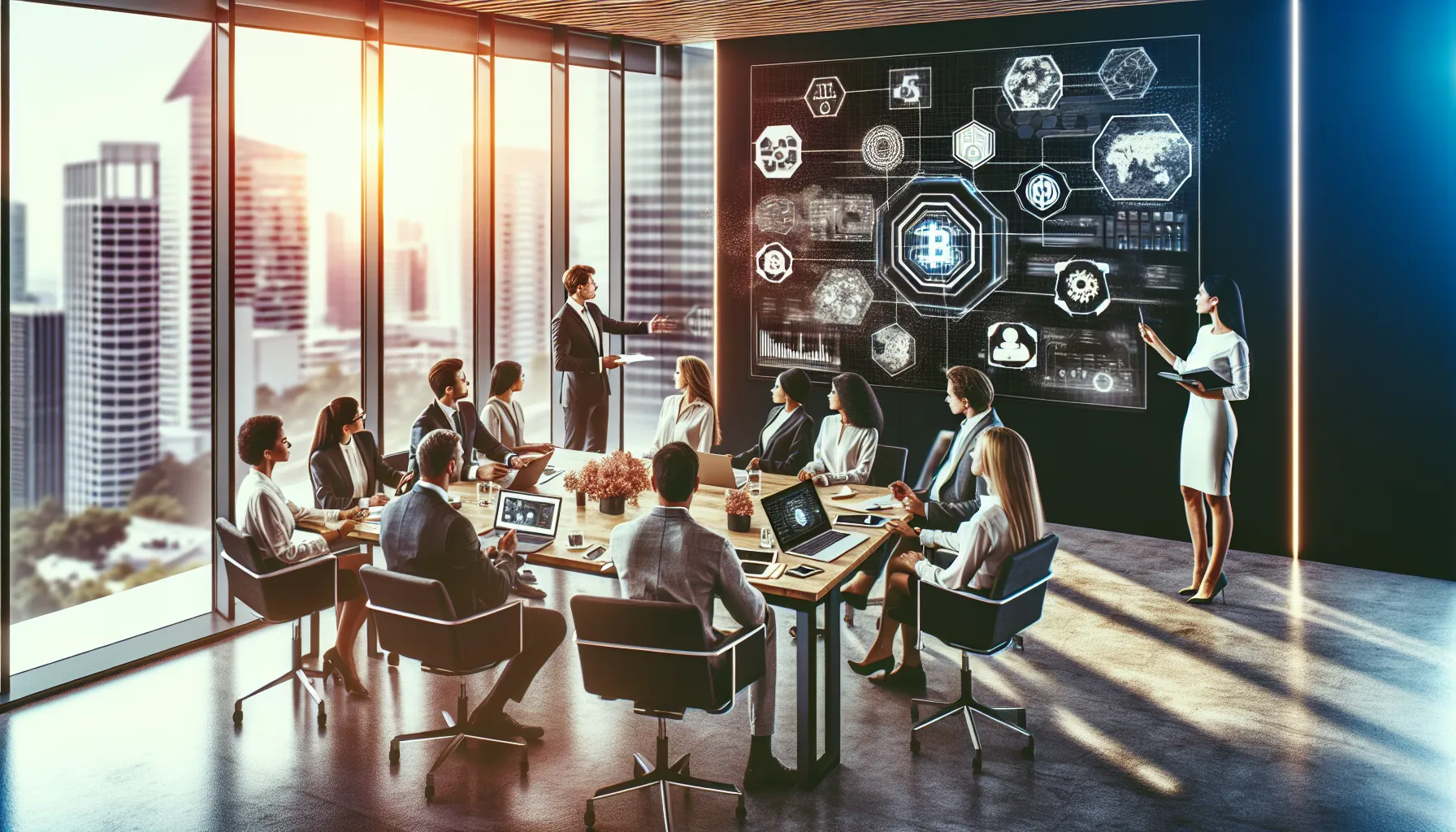 diverse professionals discussing future technology in a modern office.