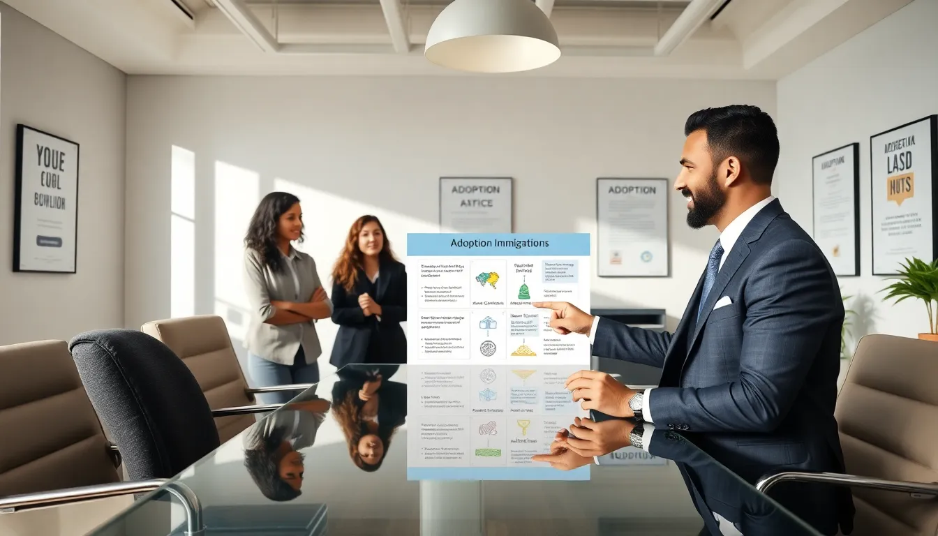 professionals discussing adoption-based immigration in a modern office.