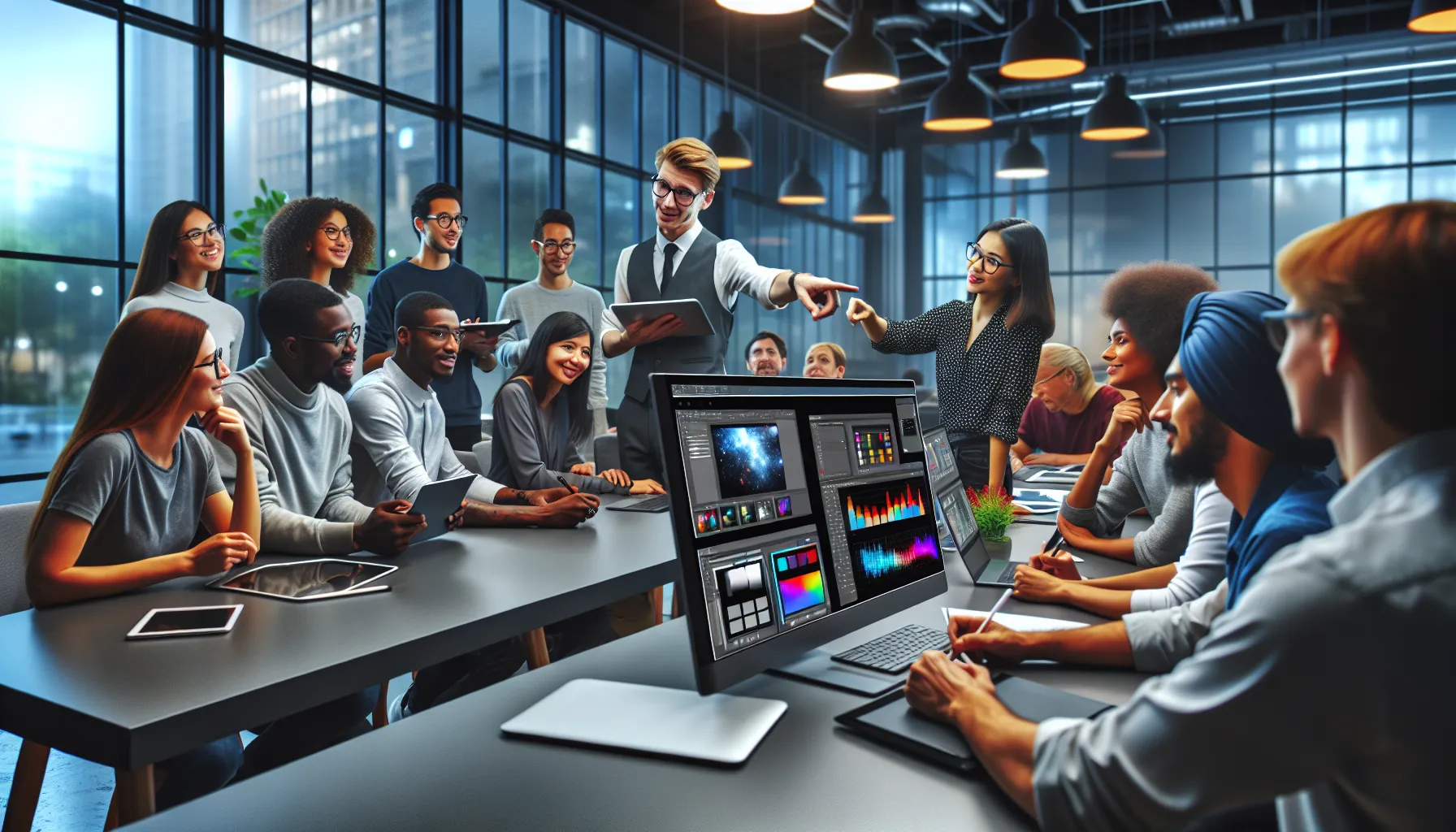 diverse group learning Photoshop in a modern classroom setting.