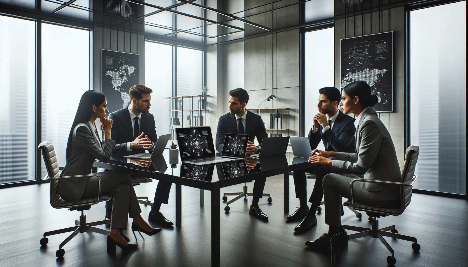 diverse team discussing cybersecurity challenges in a modern office.