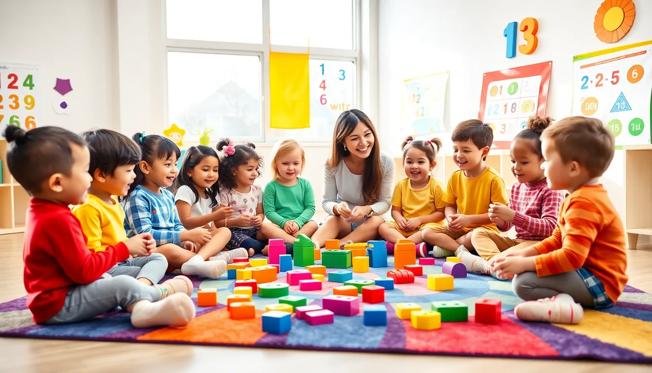 preschool children engaged in counting activities in a colorful classroom.