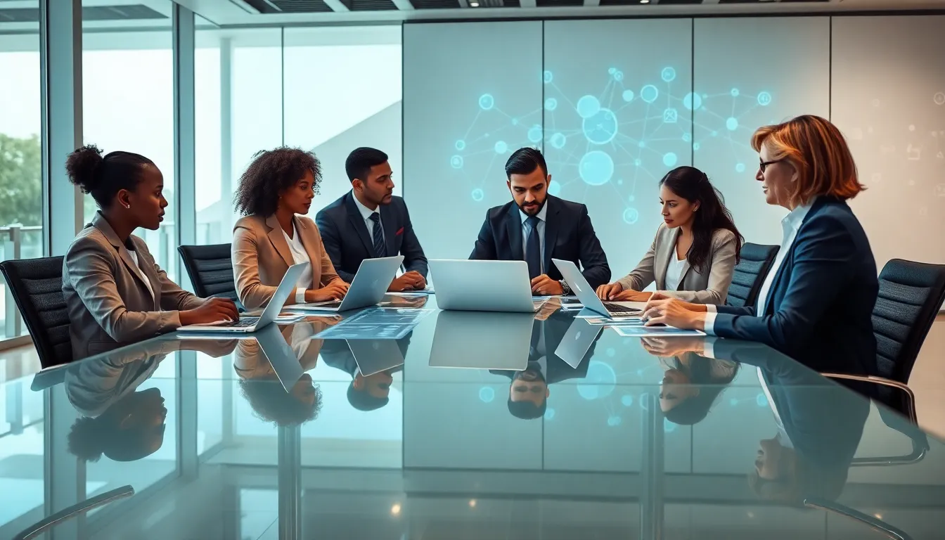 diverse professionals collaborating in a modern office setting.