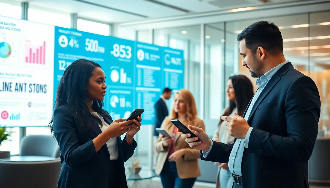diverse team discussing mobile recruiting apps in a modern office.