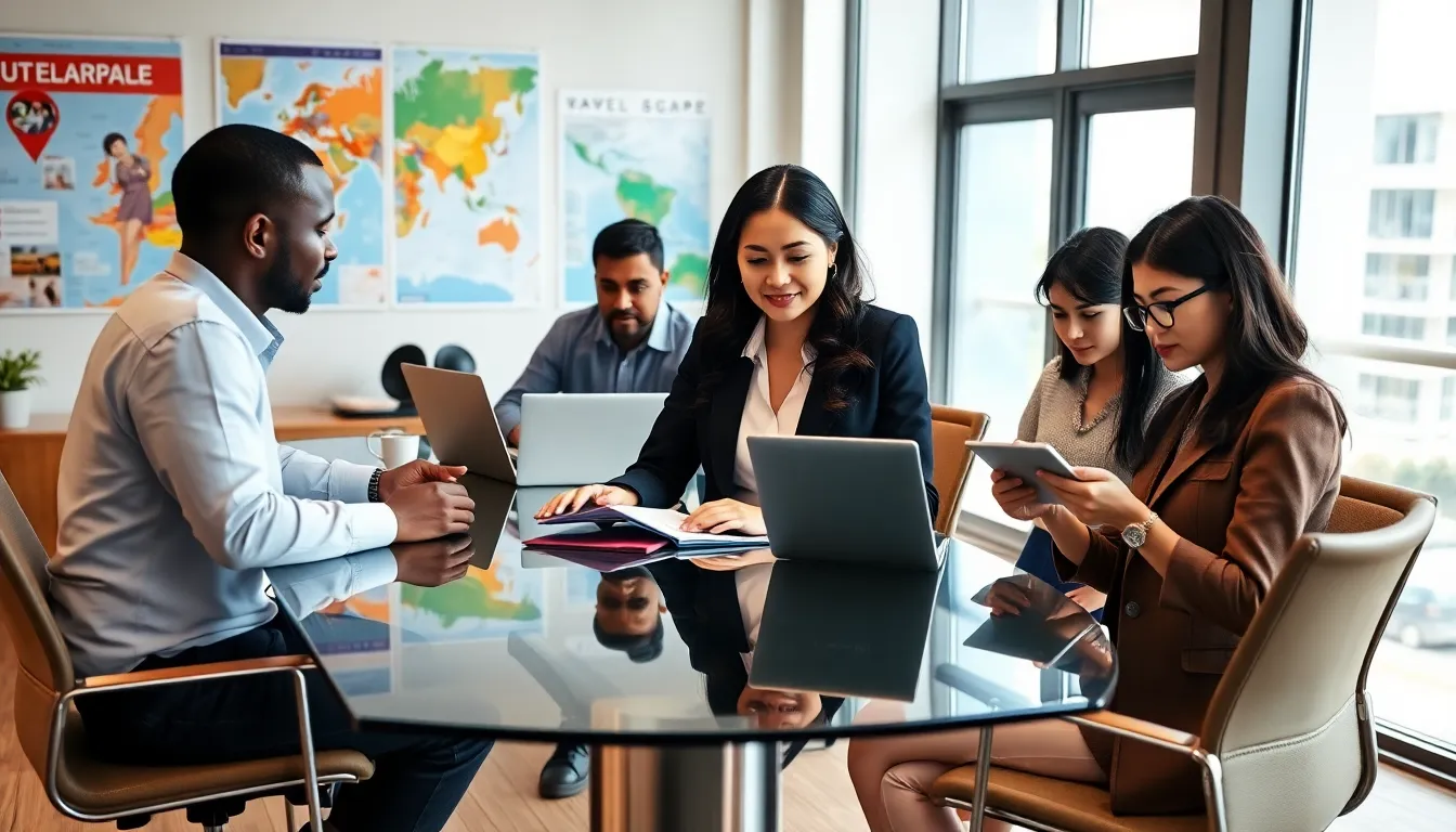 diverse travel team collaborating in a modern office.