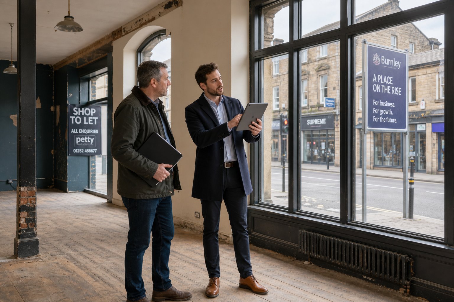 Broker and landlord discussing finance inside an empty commercial property with natural daylight.