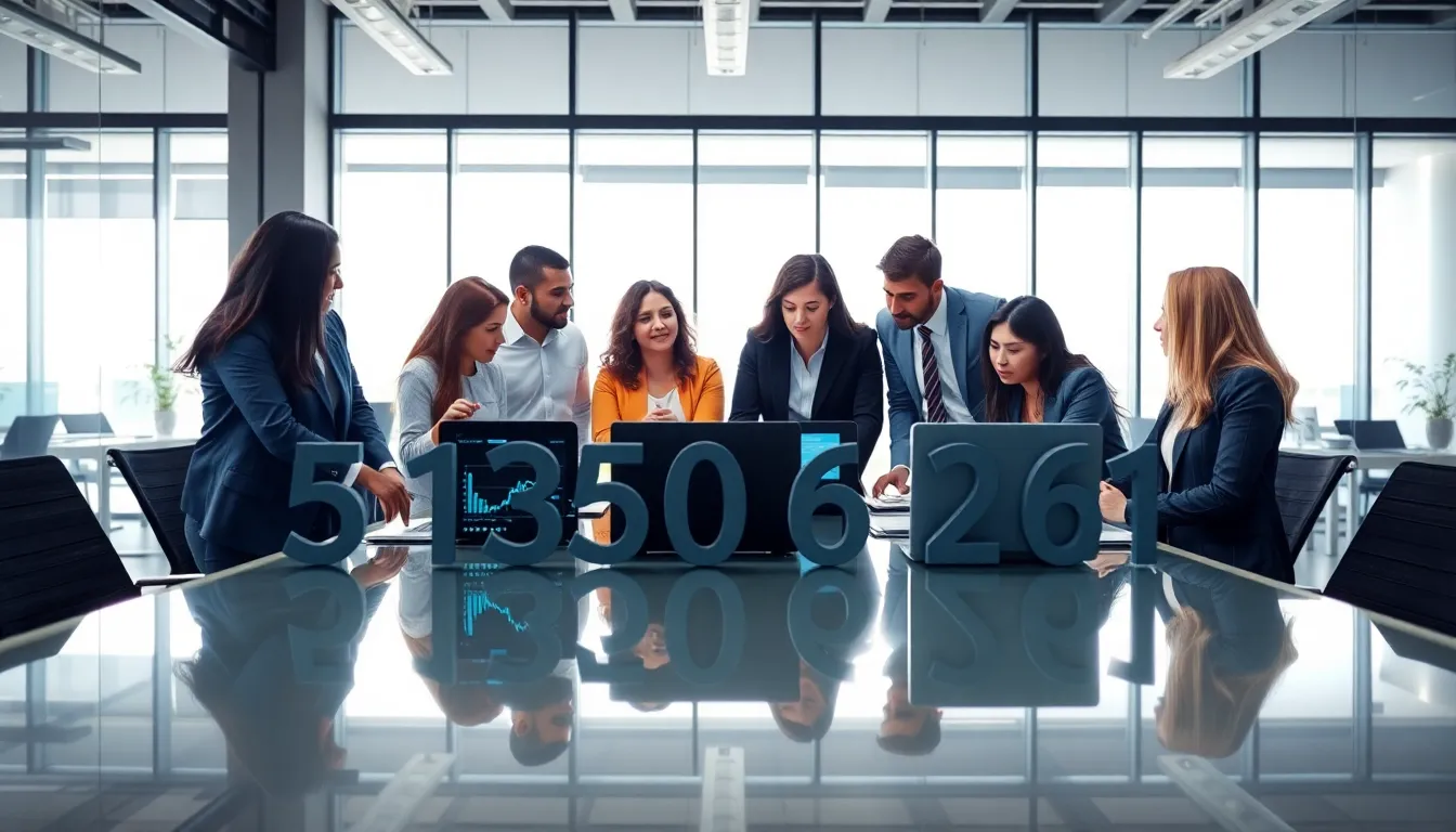 diverse team discussing data in a modern office.